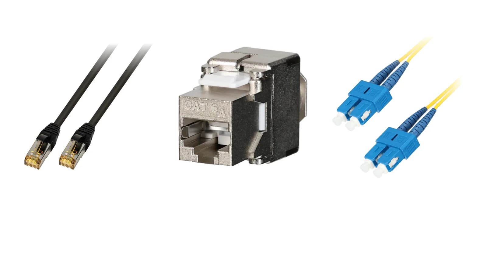 Produkte von TTL Lan®: Cat.6A-Patchkabel, geschirmtes Keystonemodul und LWL-Patchkabel